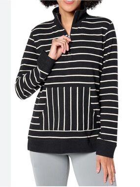 New Denim & Co. Active Textured Cotton Half Zip Pullover / Black Stripes / XL